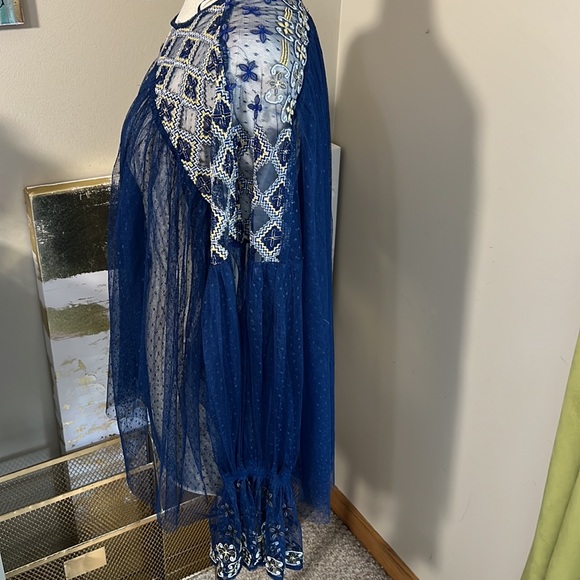 Free People Joyride Knit Sheer Lace Navy Blue Embroidered Top - Picture 11 of 14
